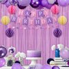 Purple Happy Birthday Party Decorations for Women Girls, Pre-Strung Happy Birthday Banner, Purple Balloons, Fringe Curtain, Tissue Paper Pom Poms, Circle Dot Garland, Hanging Swirls for Birthday Party