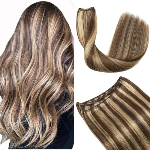 Sindra Hair Wefts Human Hair Sew in Hair Extensions Real Human Hair Chocolate Brown with Caramel Blonde Weft Hair Extensions Human Hair Sew in Bundles Double Weft 18Inch 100G(weft#4p27 18inch)