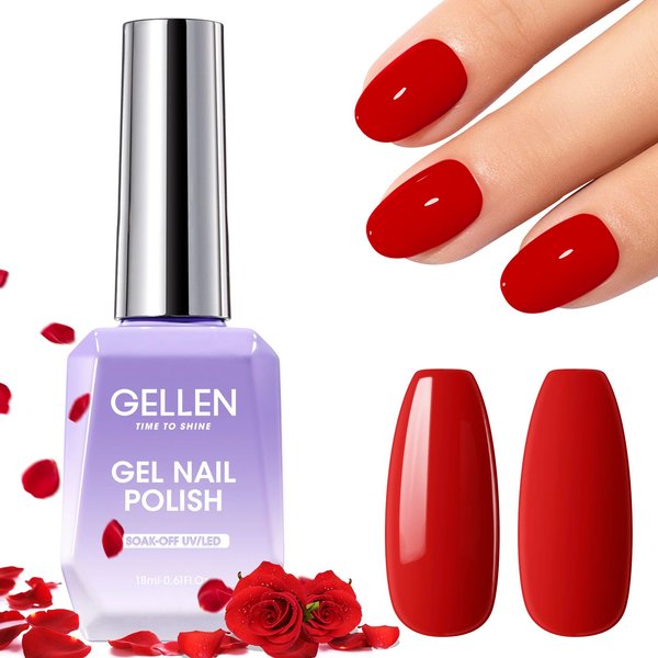 Gellen Bright Red Gel Nail Polish, 18ml 0.61oz Vibrant Rose Red Gel Polish Soak Off No Wipe UV Gel for Manicure Art Valentine's Day Salon Home