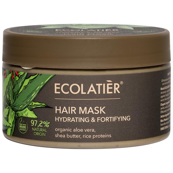 Organic Aloe Vera Hydrating and Fortifying Hair Mask ECOLATIER - 97.2% Natural, Vegan - Shea Butter, Rice Proteins for Deep Conditioning and Strengthening - 8.5 Fl Oz