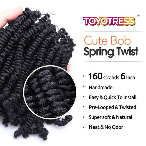 TOYOTRESS Bob Spring Twist Hair - 6 inch 8 packs Pre-twisted kids Crochet Hair Spring Twists Crochet Braids, Synthetic Braiding Hair Extensions (6 Inch, 1B)
