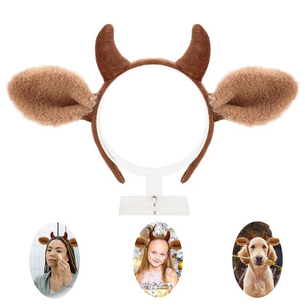 Beviliu Cow Ears Headband - Realistic Animal Cow Horns and Ears Headband Makeup Washing, Furry Fluffy Cow Costume headband for Animal Party Halloween Costume, Brown