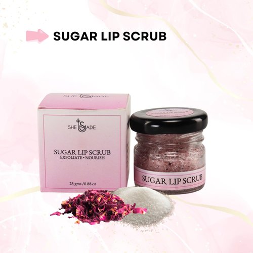 SHE MADE Sugar & Dried Rose Petals Lip Scrub with Vitamin E & Rose Essential Oil - 0.88 Oz/25 gm - Exfoliates, Softens, and Hydrates for Perfect Lip Care