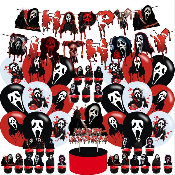Scream Party Supplies ,Horror Movie Birthday Party Decoration Halloween Includes Cake Toppers,Cupcake Toppers, Balloons,Banner Party Supplies Decoration For Adults Boys Girls Teens