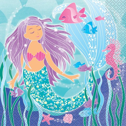 Unique Mermaid Luncheon Paper Napkins | 6.5" x 6.5" | 16 Pcs, 6.5", Multicolor