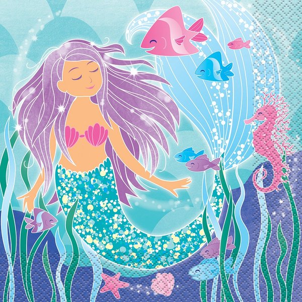 Unique Mermaid Luncheon Paper Napkins | 6.5" x 6.5" | 16 Pcs, 6.5", Multicolor