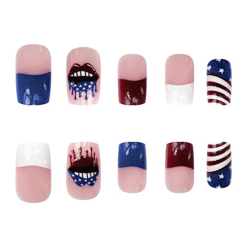 4th of July Press on Nails Medium Square Fake Nails Star False Nails Red White Blue Artificial Nails Full Cover Glossy Acrylic Nails Patriotic Glue on Nails Independence Day Stick on Nails for Women