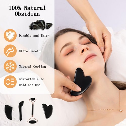 Obsidian Gua Sha Facial Tools Set of 4 - Natural Jade Gua Sha Face Sculpting Tools, Face Roller & Gua Sha Tool for Face, Double Chin Jawline Fascia Cellulite Remover & Point Treatment