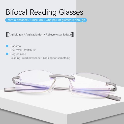 Rimless Clear Bifocal Reading Glasses Spring Hinge Blue Light Blocking Readers for Men and Women Unisex Eyewear Far Near Dual-Use Lightweight Magnifying Anti Glare UV Digital Fashion Eyeglasses