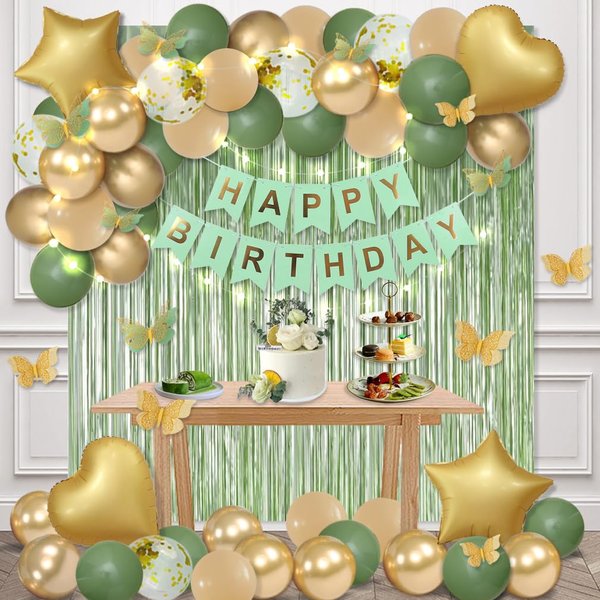 MSMANCY Sage Green Birthday Decorations for Women Men 65pcs with HAPPY BIRTHDAY Banner Curtains Butterfly Heart Star LED light and Balloons for Birthday Party Supplies (Green)