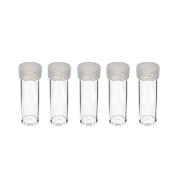 COIN STORAGE TUBES, round clear plastic w/ screw on tops for DIMES (Quantity of 5 tubes)