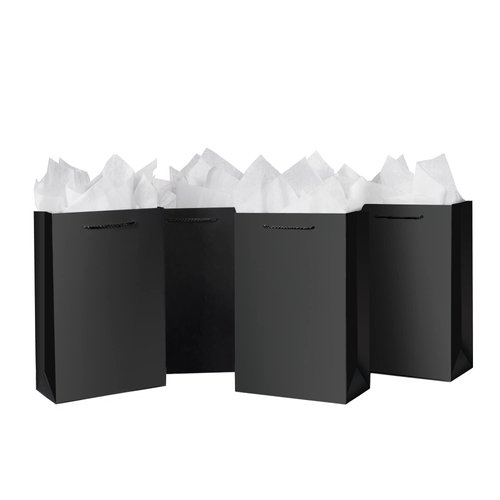 SHIPKEY 10 Pcs Luxury Black Bags with Tissue Paper, Gift Bags for Men, Groomsmen Proposal Bags 8x4x11 Inches Kraft Paper Bags with Handles Bulk| Black Paper Bags, Black Gift Bags