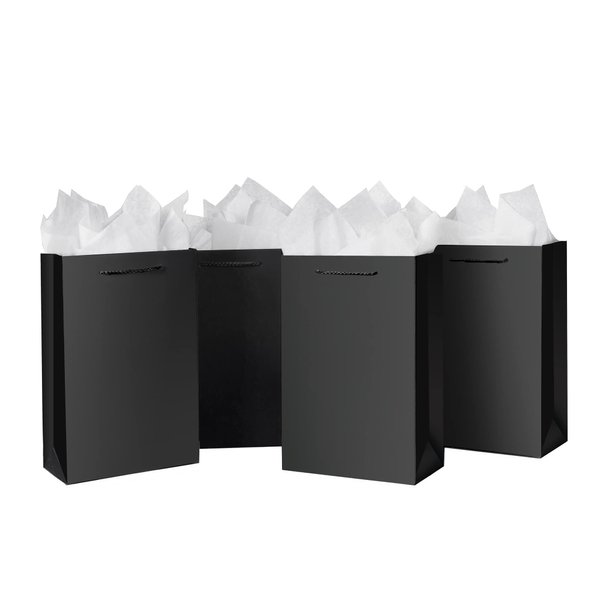 SHIPKEY 10 Pcs Luxury Black Bags with Tissue Paper, Gift Bags for Men, Groomsmen Proposal Bags 8x4x11 Inches Kraft Paper Bags with Handles Bulk| Black Paper Bags, Black Gift Bags