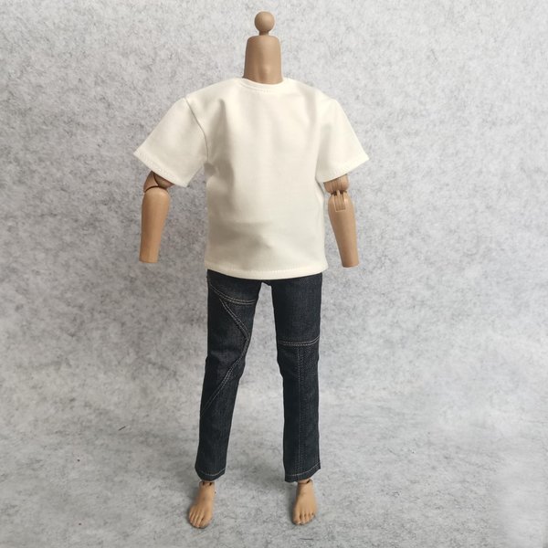 1/6 Custom Scale Clothes T-Shirt + Jean Trousers for 12" Male Action Figure Doll Clothes Toy (White)