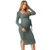 OYOANGLE Women's Maternity Rib Knit Split Hem Knot Front Square Neck Long Sleeve Bodycon Midi Dress Dark Green L