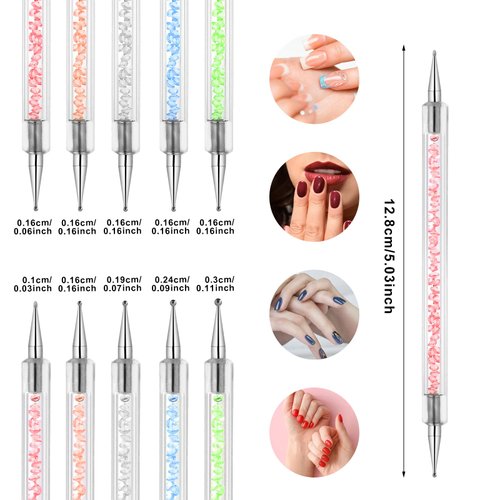 10PCS Nail Art Gel Carving Pen Acrylic Nail Dotting Pen Rhinestone Handle Double-Ended Silicone Nail Art Pen Brushes for Design Nail Foil Carving Drawing and 3D Effect Shaping Drawing Dotting Tools