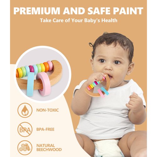 4 PCS Wooden Baby Rattle, Organic Colorful Baby Rattles Set, Wood Rattles for Babies 0-6-12 Months, Wooden Teether Crochet Rattle Toy for Infant Newborn,Montessori Toys for Babies 0-6 Months