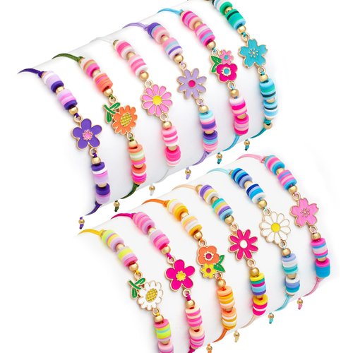 KELENO 12 Pcs Kids Bracelet for Girls Toddler Jewelry Groovy Flower Princess Party Favors Friendship Bracelets Adjustable Pretend Play Goodie Bag Classroom Reward