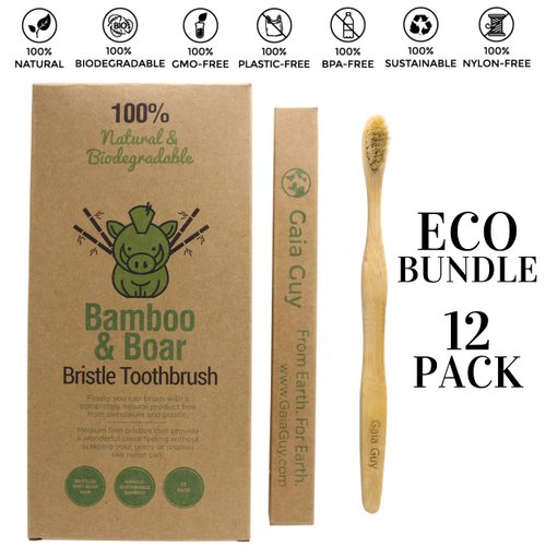 Gaia Guy Natural Bristle Bamboo Toothbrush with Boar Bristles - Totally Biodegradable and Compostable - No Nylon Toothbrushes - Zero Waste 12-Pack