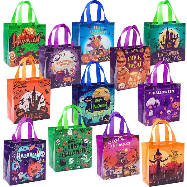 Jaywayang 8Pcs Halloween Trick or Treat Bags, Small Halloween Tote Bags with Handles, Gift Bags, Reusable Non-Woven Halloween Bags for Gifts Wrapping, Halloween Party Supplies, 7.9×7.9×3.15"