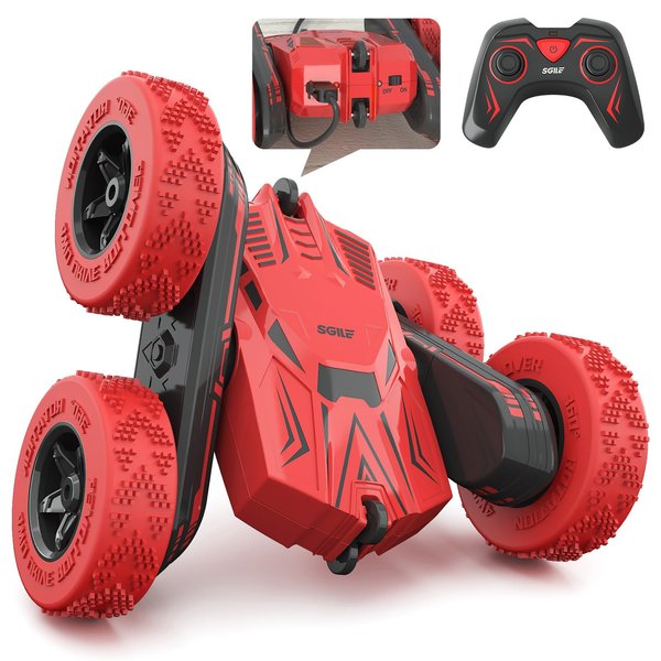 SGILE RC Stunt Car Toy Gift, 4WD Remote Control Car with 2 Sided 360 Rotating Rc Car for Kids Girls Boys Age 6 7 8 12, Red
