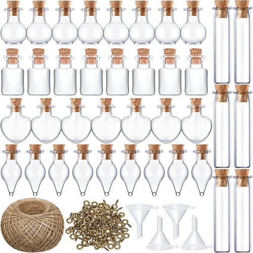 Geiserailie 50 Pieces Small Tiny Glass Spell Jars Bottle with Cork Stopper Mini Wishing Bottles with Eye Screws Funnel and Rope Cork Clear Glass Bottle for DIY Crafts Bead