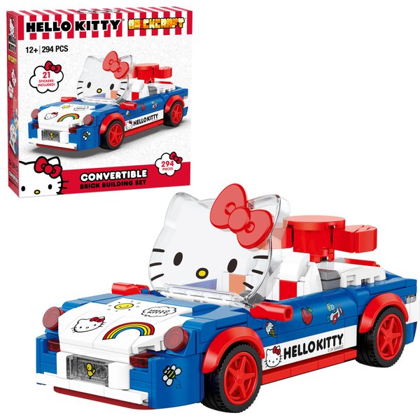 Brickcraft Officially Licensed Sanrio Hello Kitty Custom Convertible with Detailed face and Sticker Sheet Included 294 Pieces Multicolored Brick Building Set