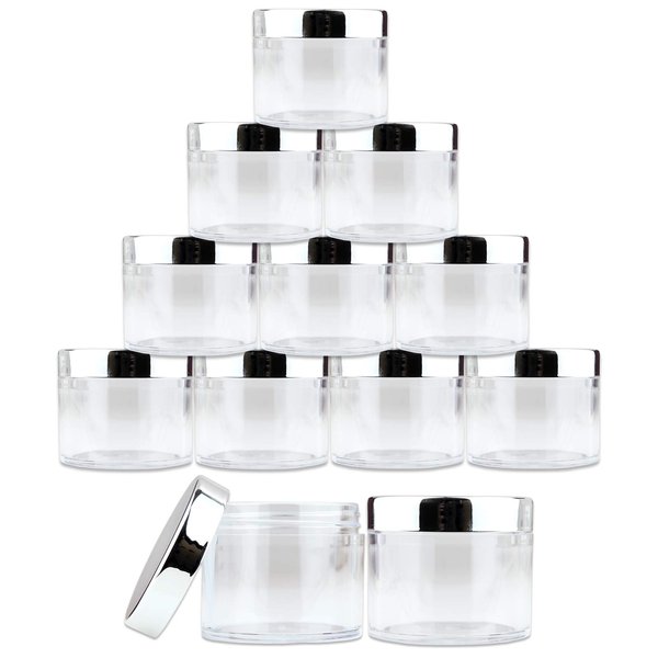 Beauticom 60 Grams/60 ML (2 Oz) Round Clear Leak Proof Plastic Container Jars with SILVER Lids for Travel Storage Makeup Cosmetic Lotion Scrubs Creams Oils Salves Ointments (12 Pieces)