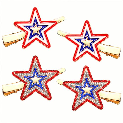 American Flag Hair Clips for Women Rhinestone Patriotic Hairpins Enamel Heart Star Hair Barrettes Classic USA Independence Day Hair Accessory Gift (Style B)