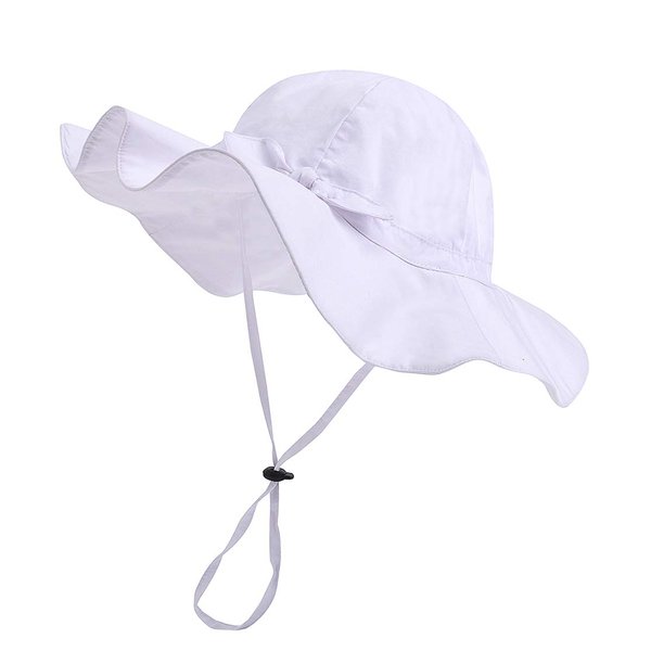 Baby Girl Sun Hat with UPF 50+ Outdoor Adjustable Beach Hat with Wide Brim Bucket Hats (0-6 Months,White)