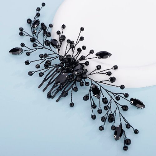 Teyglen Women Black Crystal Rhinestone Hair Comb Black Rhinestone Wedding Hair Comb Headband Luxurious Hair Accessories Shiny Black Rhinestone Bridal Side Hair Comb for Women Bride Girls