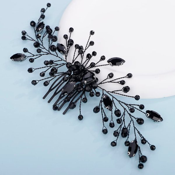 Teyglen Women Black Crystal Rhinestone Hair Comb Black Rhinestone Wedding Hair Comb Headband Luxurious Hair Accessories Shiny Black Rhinestone Bridal Side Hair Comb for Women Bride Girls
