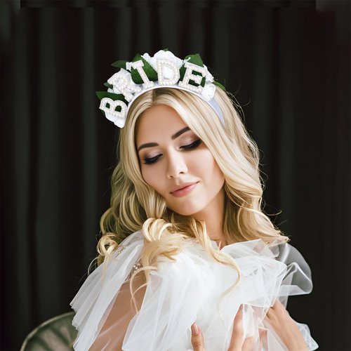 Wecoe Bride Headband Bachelorette Party Favors White Rose Flower Headband Floral Crown Tiaras For Women Bridal Shower Favors Engagement Bachelor Party Gifts Wedding Bride Accessories