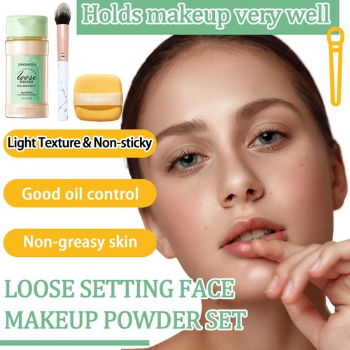 Loose Setting Face Makeup Powder Set,Lightweight Silky Mineral Loose Setting Powder Set with Makeup Brush & Foundation Face Makeup Puffs Set for Women（3PCS）