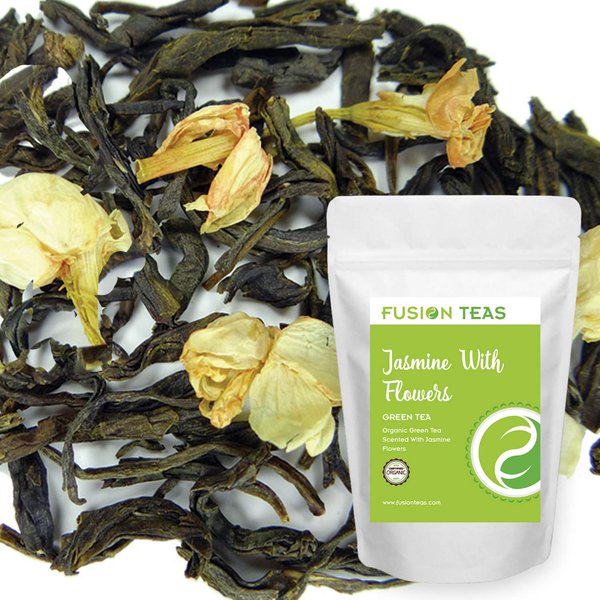 Organic Jasmine with Flowers Green Tea - Gourmet Floral Scented Chinese Loose Leaf Tea - Zero Calories - 1 Pound (16 Oz.) Pouch