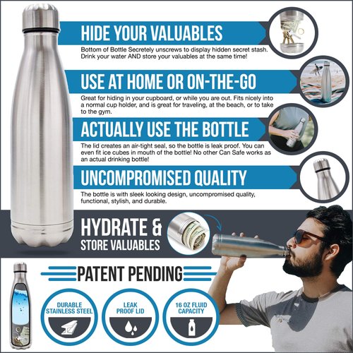 Diversion Water Bottle Can Safe by Stash-it, Stainless Steel Tumbler with Hiding Spot for Money, Discreet Decoy for Travel or at Home, Bottom Unscrews to Store your Valuables