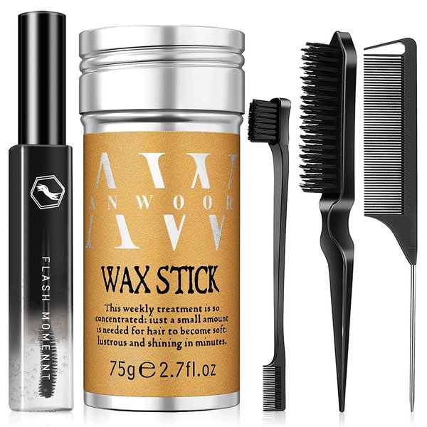 AnWoor 5Pcs Hair Wax Stick, Slick Back Brush, Flyaway Hair Tamer Stick - Tame Frizz & Smooth Flyaways for Kids Girls Women & Men - Hair Bun Maker Accessories