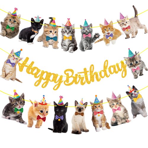 Cat Birthday Banner Decorations Kitten Birthday Party Decorations Supplies Gold Glitter Cat Happy Birthday Banner Decorations for Pet Kitten Theme Birthday Party Bunting Decorations Supplies
