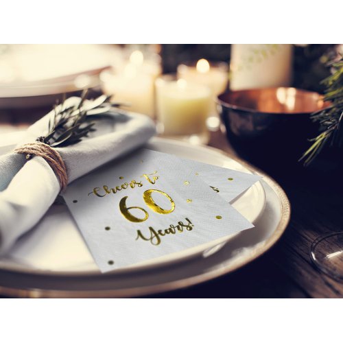 Cheers to 60 Years Cocktail Napkins | Happy 60th Birthday Decorations for Men and Women and Wedding Anniversary Party Decorations | 50-Pack 3-Ply Napkins | 5 x 5 inch folded (White)