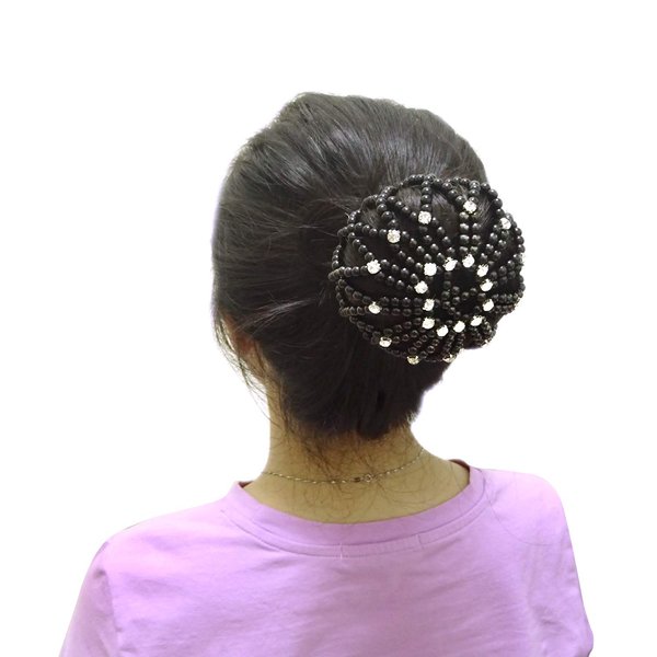 Honbay Hair Bun Cover Elastic Handmade Crochet Hair Net Snood with Pearls and Rhinestones for Ballet, Dance, Skating, etc (Black)
