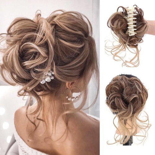Messy Bun Hair Piece Claw Clip Synthetic Chignon Tousled Updo with Tendrils Hair Extensions Hair Bun Curly Wavy Faux Hair Bun Hair Scrunchies Hair Accessories for Women (Brown Mix Light Brown)