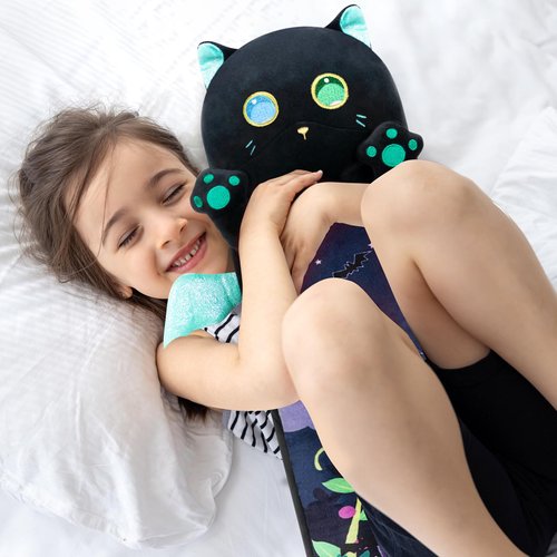 Mewaii Long Cat Plush Body Pillow, 20” Cute Black Cat Stuffed Animals Kawaii Plushies, Squishy Body Pillow Plush Toys Gift for Kids Girls Boys