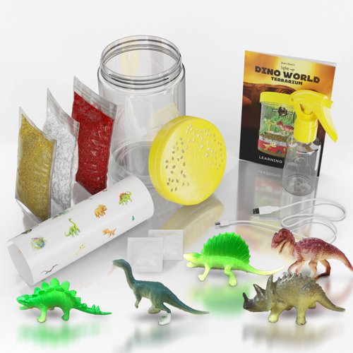 Dino World Terrarium Kit for Kids - LED Light in Lid Dinosaur Easter Toys for Boys &, Girls Age 3, 4, 5, 6, 7, 8+ Year Old Boy Gifts - Toy Dinosaurs Garden - STEM Science Gardening Kits