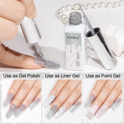 SUPWEE Silver Reflective Gel Polish Liner Gel Glitter Diamond Gel Liner Nail Art for Nails Sparkle Disco Drawing Gel Liner Polish Nail Painting for DIY Nail Art Design Manicure Soak Off Lamp Gel