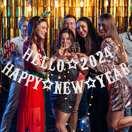 Silver Hello 2024 Happy New Year Banner 2024 New Years Banner, Nye Banner 2024 New Year Eve Banner 2024 for Happy New Year Party Decorations 2024, New Years Eve Party Supplies 2024