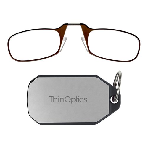 ThinOptics Keychain Case + Rectangular Reading Glasses, Brown, 44 mm + 2
