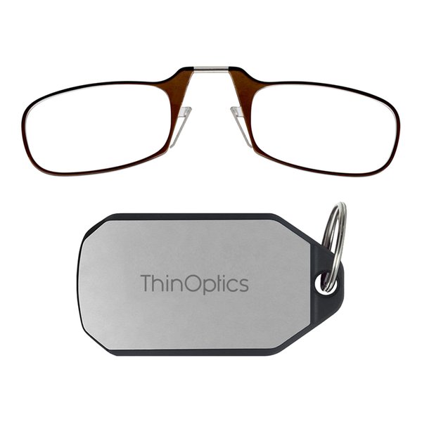 ThinOptics Keychain Case + Rectangular Reading Glasses, Brown, 44 mm + 2