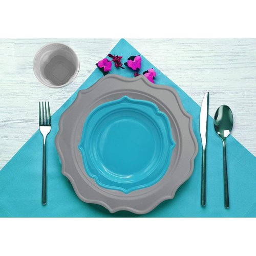 Tiger Chef 60-Count, 8-inch Turquoise Color Round Scalloped Rim Disposable Plastic Plate Set Includes 60 Plastic Salad Plates - BPA-Free