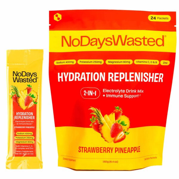 No Days Wasted Hydration Replenisher Electrolyte Replacement Stick Packets| Essential Rapid Hydration & Vitamins | Sodium, Potassium, Magnesium, Vitamins B, C, D, Zinc | Strawberry Pineapple 24 Pack