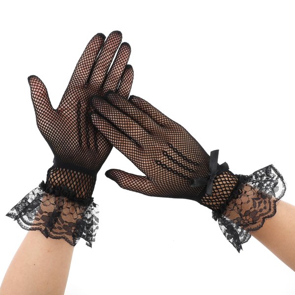 COMNICO Ladies Lace Gloves Pair Elegant Etiquette Hand Accessories Cutout Fishnet Floral Women Wedding Dinner Dress Tea Party Costume Opera Prom Halloween Cosplay Gloves Black